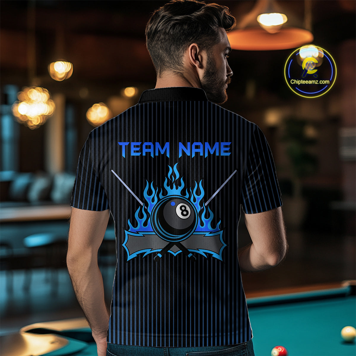 Custom Blue 8 Ball Flame Billiard Shirts for Men, Billiard Team Polo & 1/4 Zip Shirts NNT62