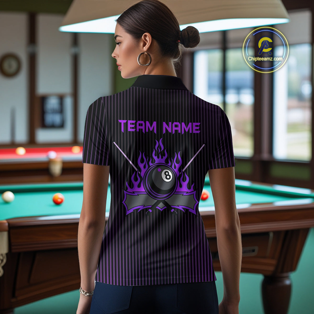 Custom Purple 8 Ball Flame Billiard Shirts for Women, Billiard Team Polo & 1/4 Zip Shirts NNT62
