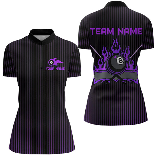 Custom Purple 8 Ball Flame Billiard Shirts for Women, Billiard Team Polo & 1/4 Zip Shirts NNT62