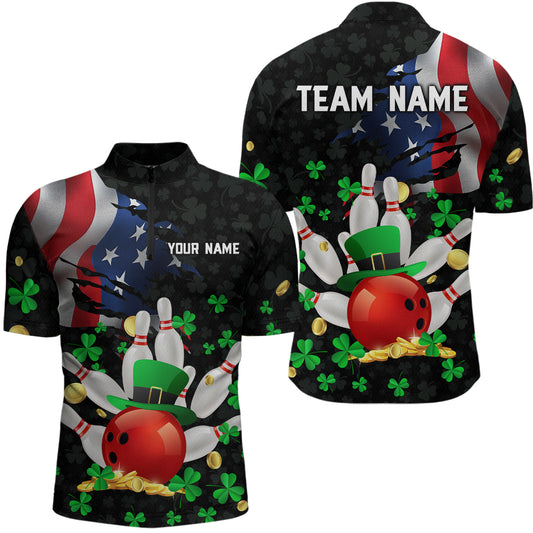Personalized US Flag St Patrick Day Funny Bowling Shirt Men Team Polo & 1/4 Zip Shirts HNT12