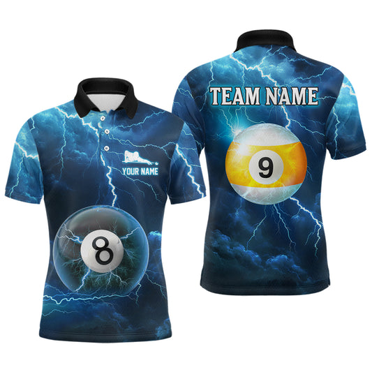 Blue Thunder 8 & 9 Ball Billiards Shirt Men Team Polo & 1/4 Zip Shirts Billiard Jersey NNT17