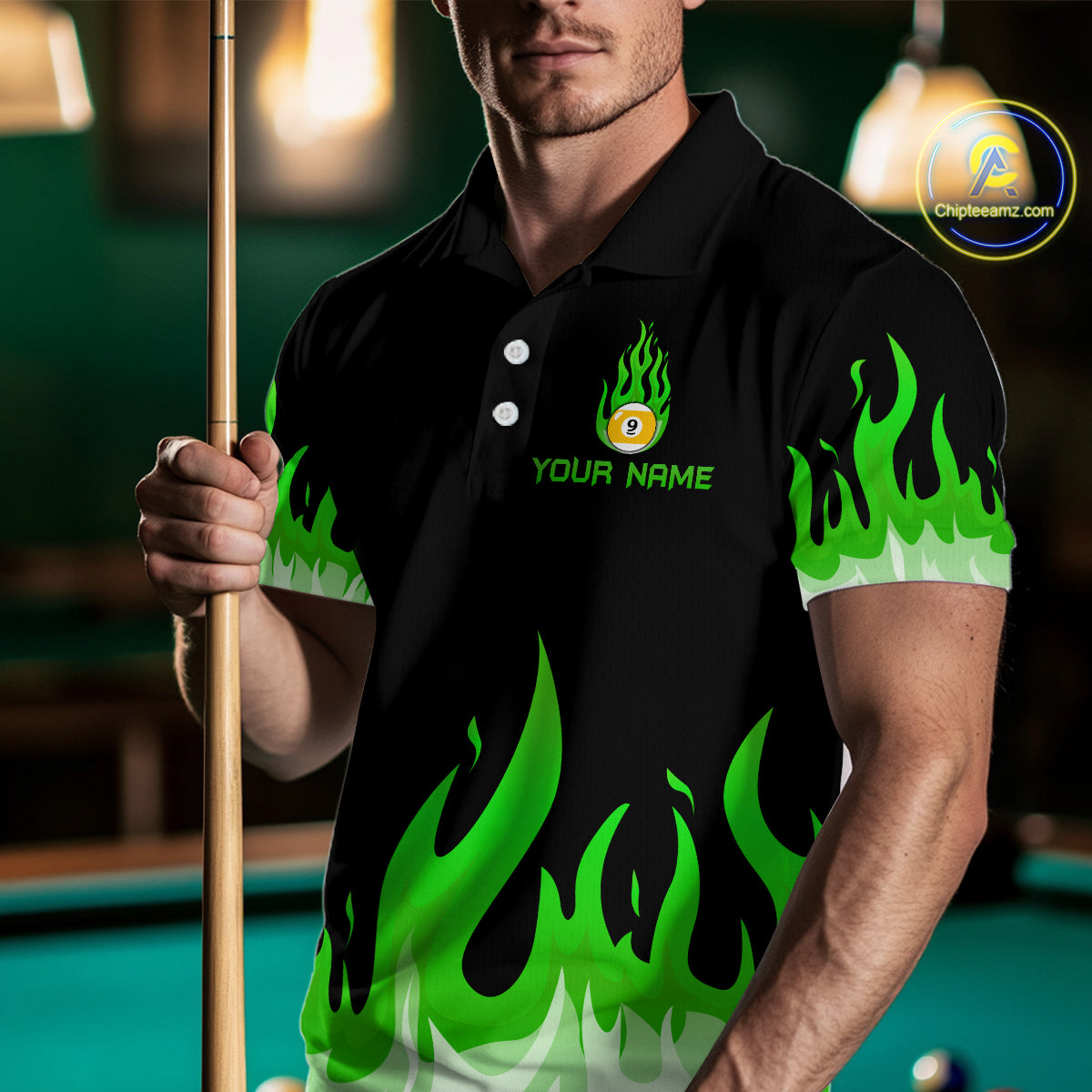 Custom 9 Ball Green Flaming Billiard Shirts for Men Billiard Team Shirts Billiard League NNT73