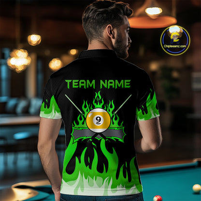 Custom 9 Ball Green Flaming Billiard Shirts for Men Billiard Team Shirts Billiard League NNT73
