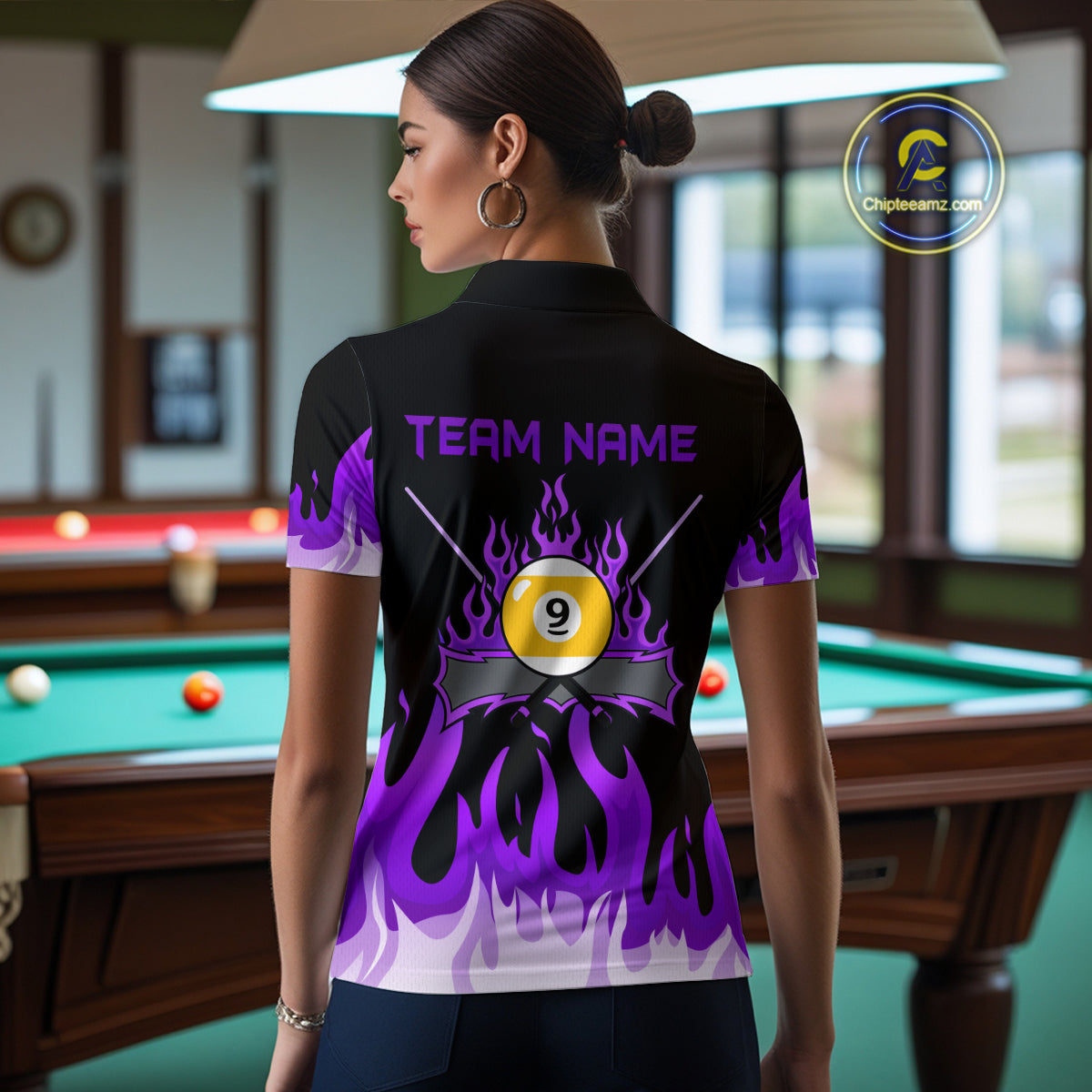 Custom 9 Ball Purple Flaming Billiard Shirts for Women Billiard Team Shirts Billiard League NNT73