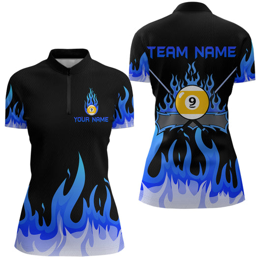 Custom 9 Ball Blue Flaming Billiard Shirts for Women Billiard Team Shirts Billiard League NNT73
