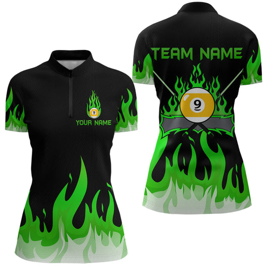 Custom 9 Ball Green Flaming Billiard Shirts for Women Billiard Team Shirts Billiard League NNT73