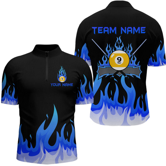 Custom 9 Ball Blue Flaming Billiard Shirts for Men Billiard Team Shirts Billiard League NNT73