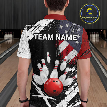 Custom US Flag Bowling Shirts for Men Polo & Quarter-Zip Bowling Team Bowling League HNT83