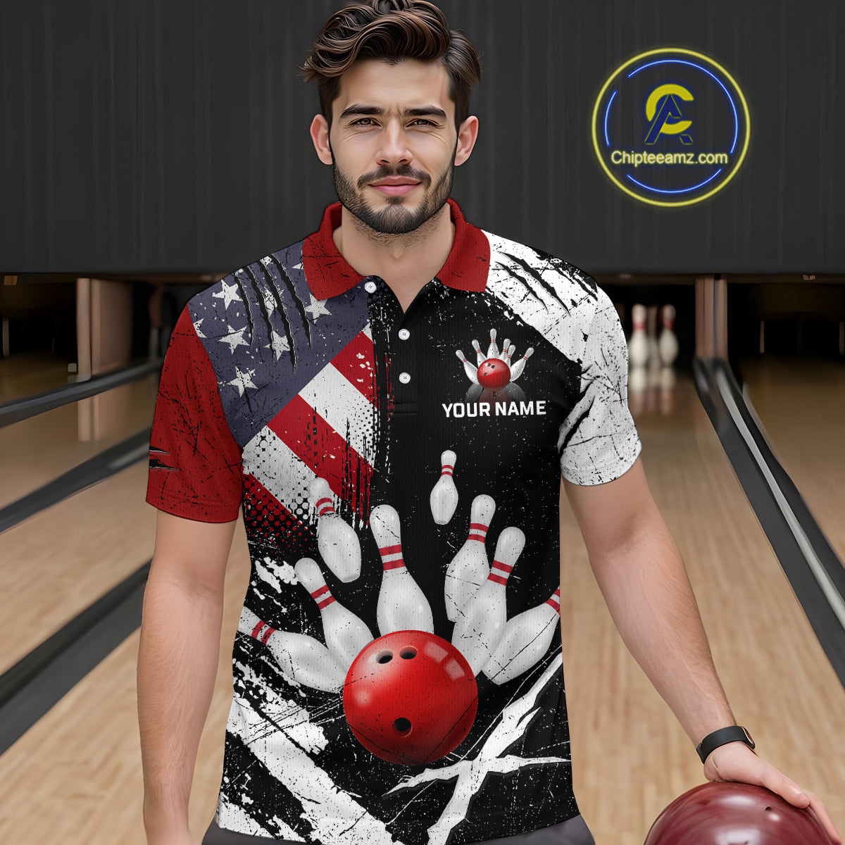 Custom US Flag Bowling Shirts for Men Polo & Quarter-Zip Bowling Team Bowling League HNT83