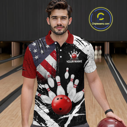 Custom US Flag Bowling Shirts for Men Polo & Quarter-Zip Bowling Team Bowling League HNT83
