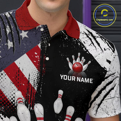 Custom US Flag Bowling Shirts for Men Polo & Quarter-Zip Bowling Team Bowling League HNT83