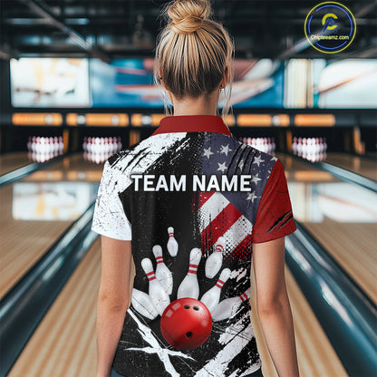 Custom US Flag Bowling Shirts for Women Polo & Quarter-Zip Bowling Team Bowling League HNT83