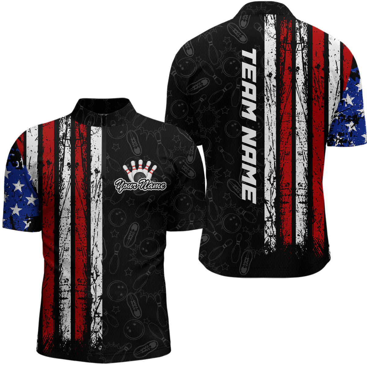American Flag Bowling Custom Men Bowling Shirt Polo & Quarter-Zip Bowling Team Jerseys HNT52