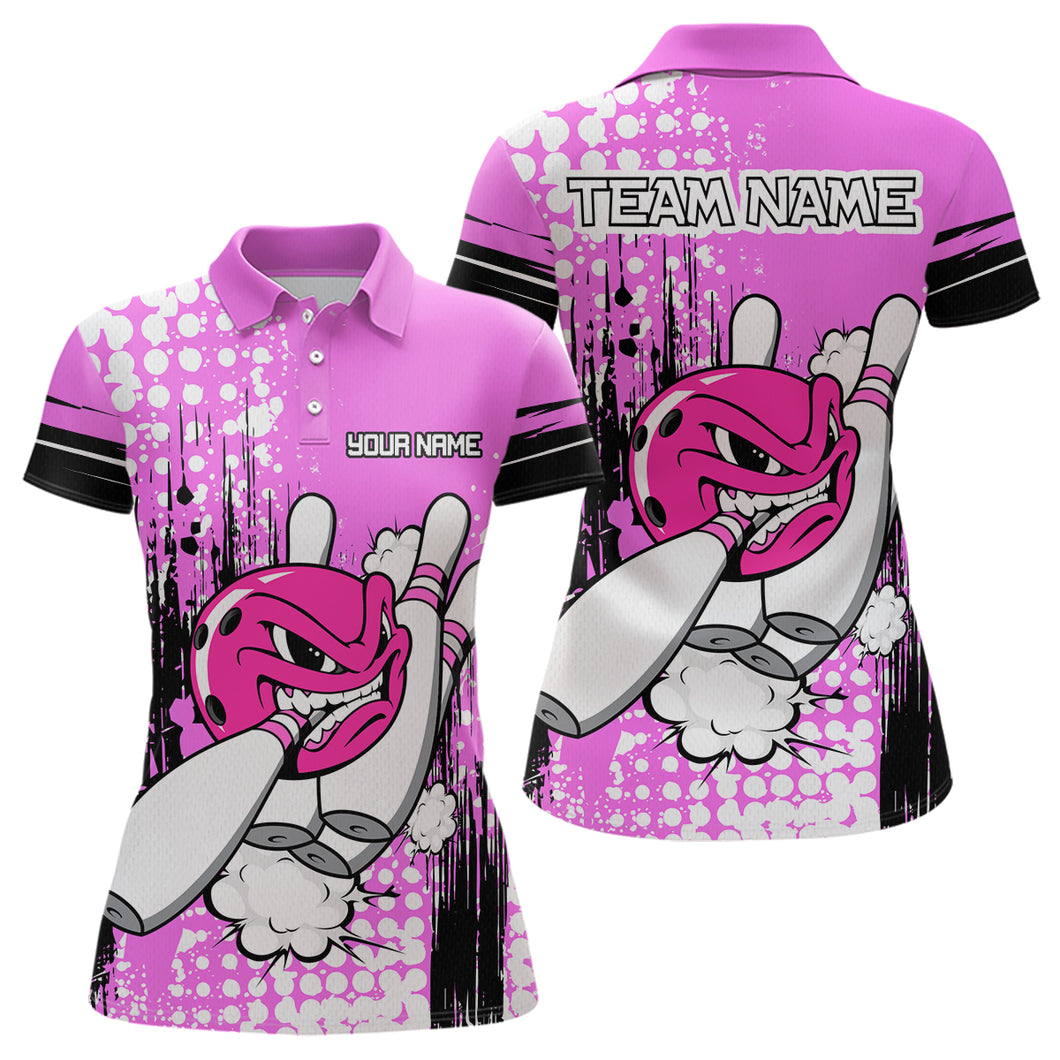 Personalized Pink Funny Crazy Bowling Shirt for Women Polo & Quarter-Zip Bowling Jersey with Team HNT03