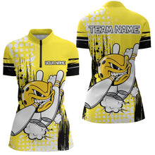 Load image into Gallery viewer, Personalized Yellow Funny Crazy Bowling Shirt for Women Polo &amp; Quarter-Zip Bowling Jersey with Team HNT03