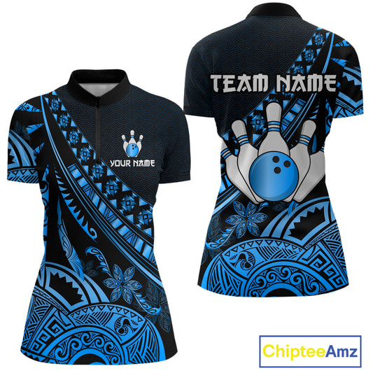 Blue Vintage Bowling Custom Women Bowling Shirt Polo & Quarter-Zip Bowling Team Jerseys HNT69
