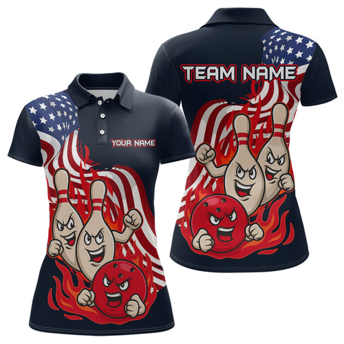 Custom American Flag Bowling Women Polo & 1/4 Zip Shirts Funny Flame Bowling Team Jerseys HNT92