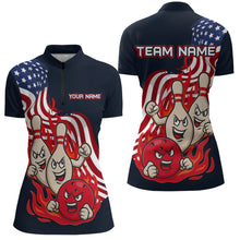 Load image into Gallery viewer, Custom American Flag Bowling Women Polo &amp; 1/4 Zip Shirts Funny Flame Bowling Team Jerseys HNT92