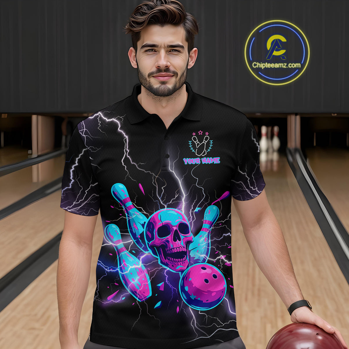 Custom Thunder Skull Flame Bowling Men Polo & 1/4 Zip Shirts Bowling Team Jerseys HNT93