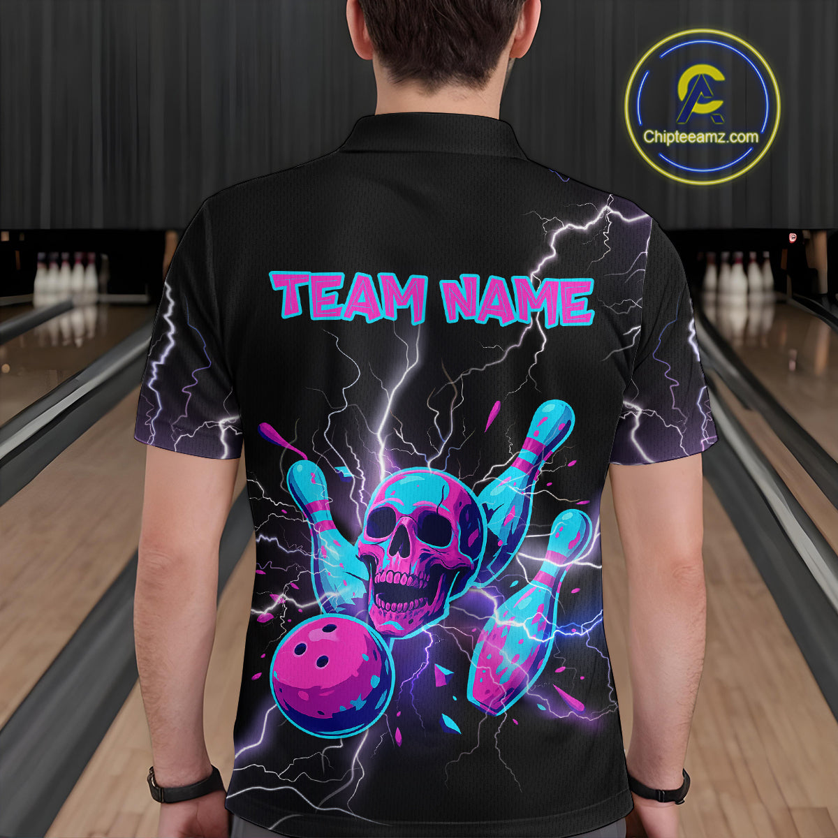 Custom Thunder Skull Flame Bowling Men Polo & 1/4 Zip Shirts Bowling Team Jerseys HNT93