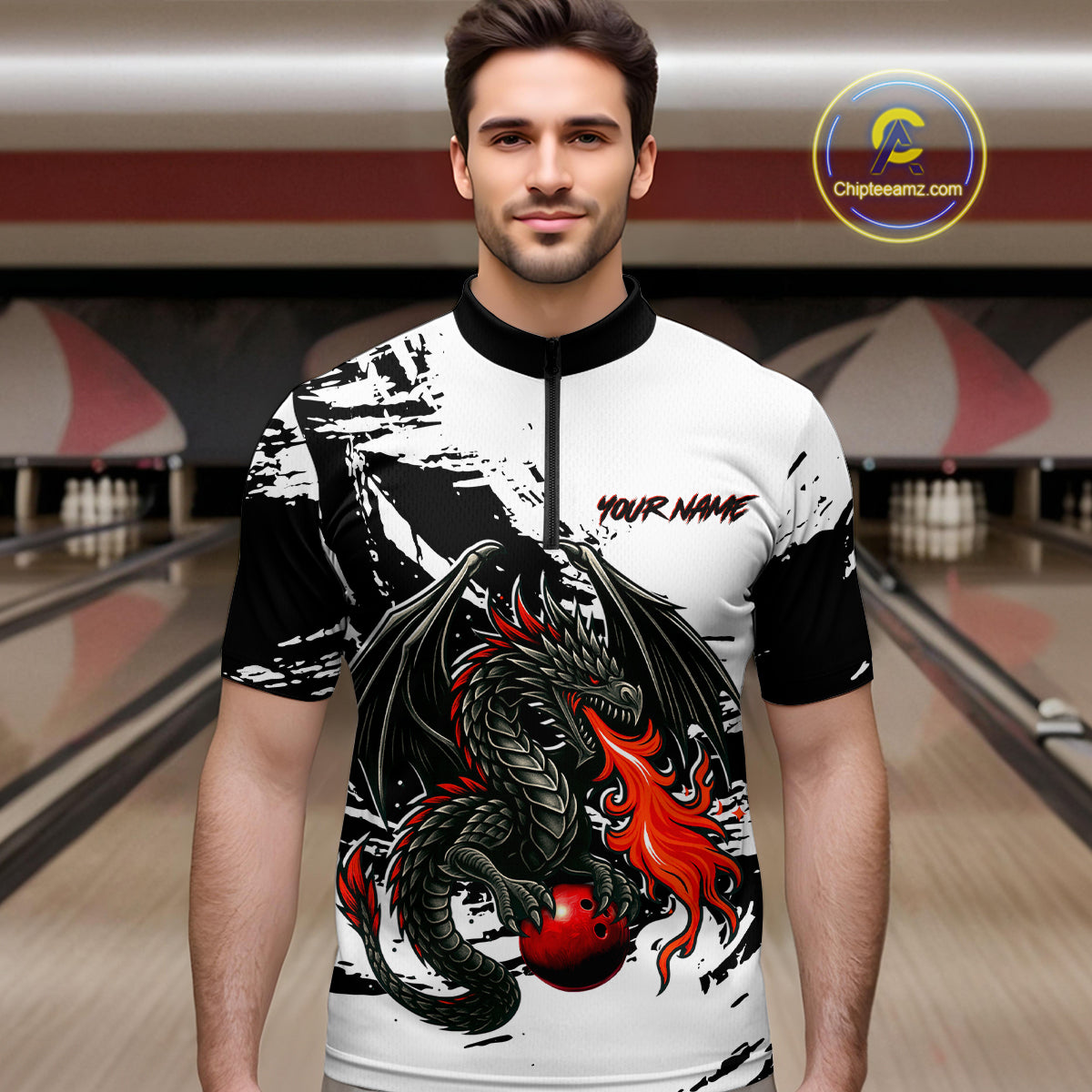 Custom Black Dragon Flame Bowling Men Shirts Bowling Gifts Polo & 1/4 Zip Bowling Team Jerseys HNT100