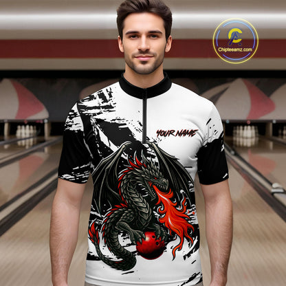 Custom Black Dragon Flame Bowling Men Shirts Bowling Gifts Polo & 1/4 Zip Bowling Team Jerseys HNT100
