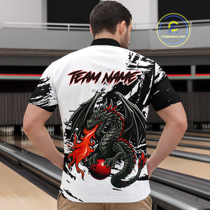 Custom Black Dragon Flame Bowling Men Shirts Bowling Gifts Polo & 1/4 Zip Bowling Team Jerseys HNT100
