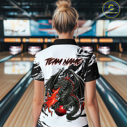 Custom Black Dragon Flame Bowling Women Shirts Bowling Gifts Polo & 1/4 Zip Bowling Team Jerseys HNT100