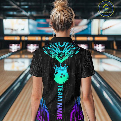 Custom Black Neon Crown Bowling Jersey for Women Polo & 1/4 Zip Bowling Team Shirts HNT123