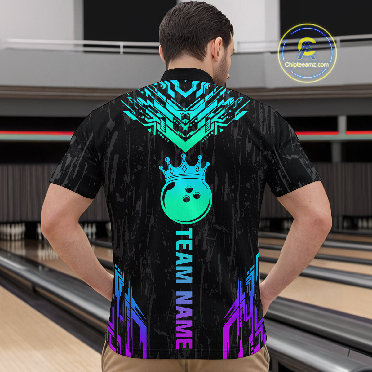 Custom Black Neon Crown Bowling Jersey for Men Bowling Uniform Polo & 1/4 Zip Bowling Team Shirts HNT123
