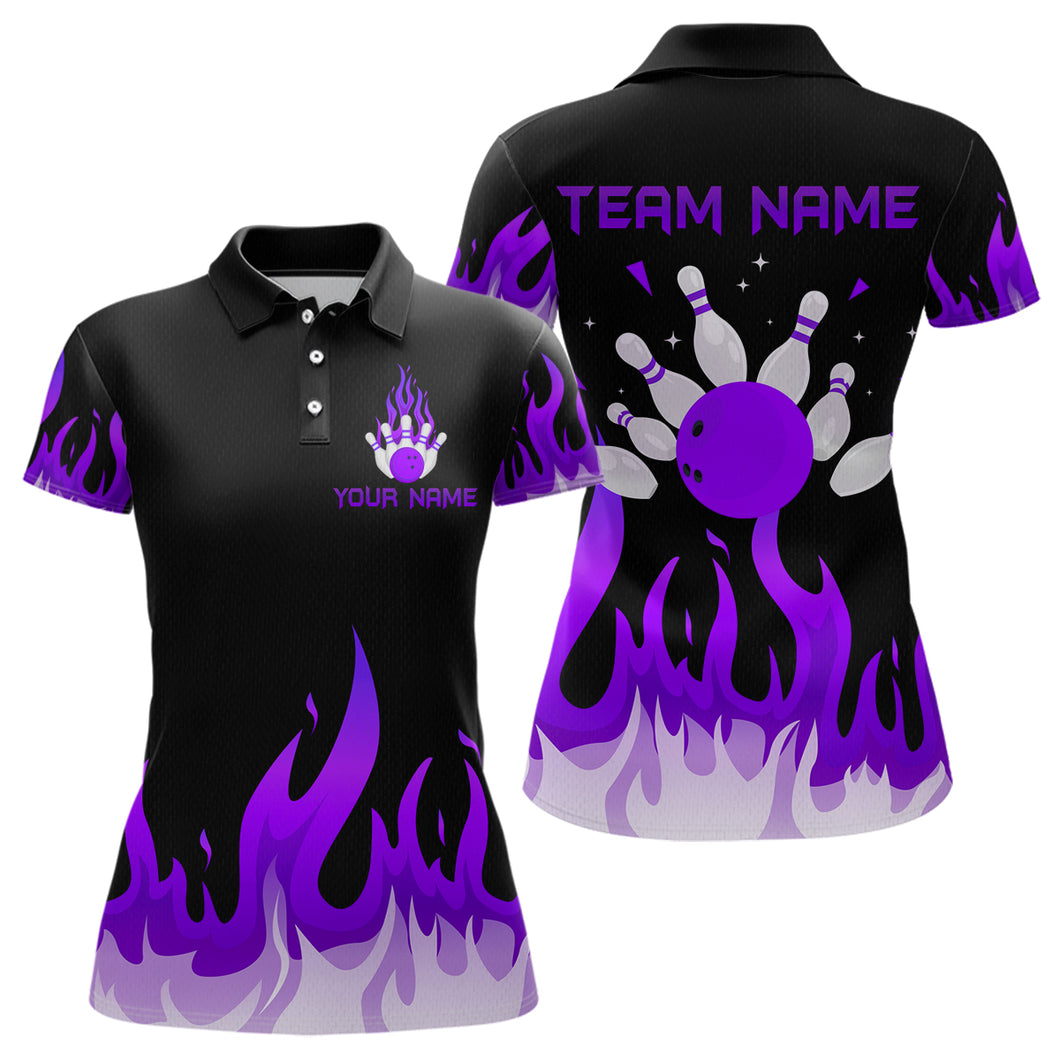 Custom Purple Flame Bowling Shirts for Women Polo & Quarter-Zip Bowling Team Jerseys HNT82