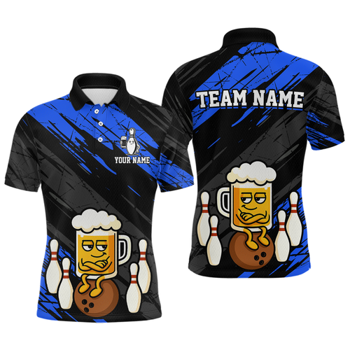 Custom Blue Funny Beer Bowling Jersey for Men Bowling Uniform Polo & 1/4 Zip Bowling Team Shirts HNT107