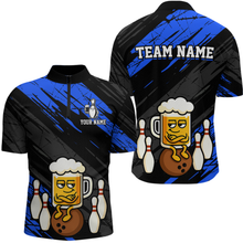 Load image into Gallery viewer, Custom Blue Funny Beer Bowling Jersey for Men Bowling Uniform Polo &amp; 1/4 Zip Bowling Team Shirts HNT107