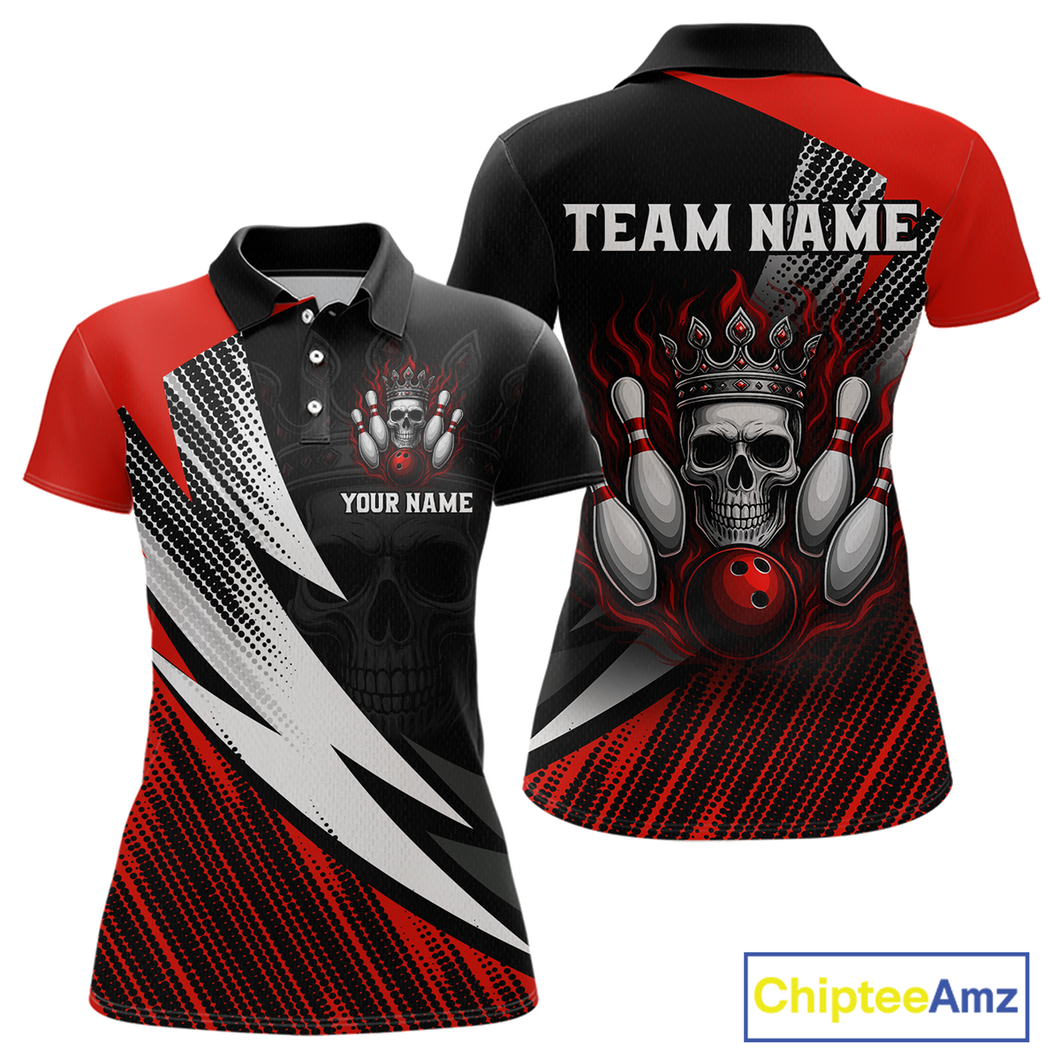 Red Skull Crown Bowling Custom Women Bowling Shirt Polo & Quarter-Zip Bowling Team Jerseys HNT65