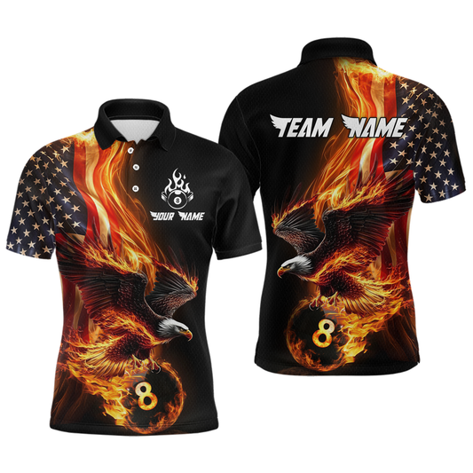Custom Flaming US Flag Eagle Billiard Jersey for Men Billiard Shirt Billiard Gifts Polo & 1/4 Zip NNT58