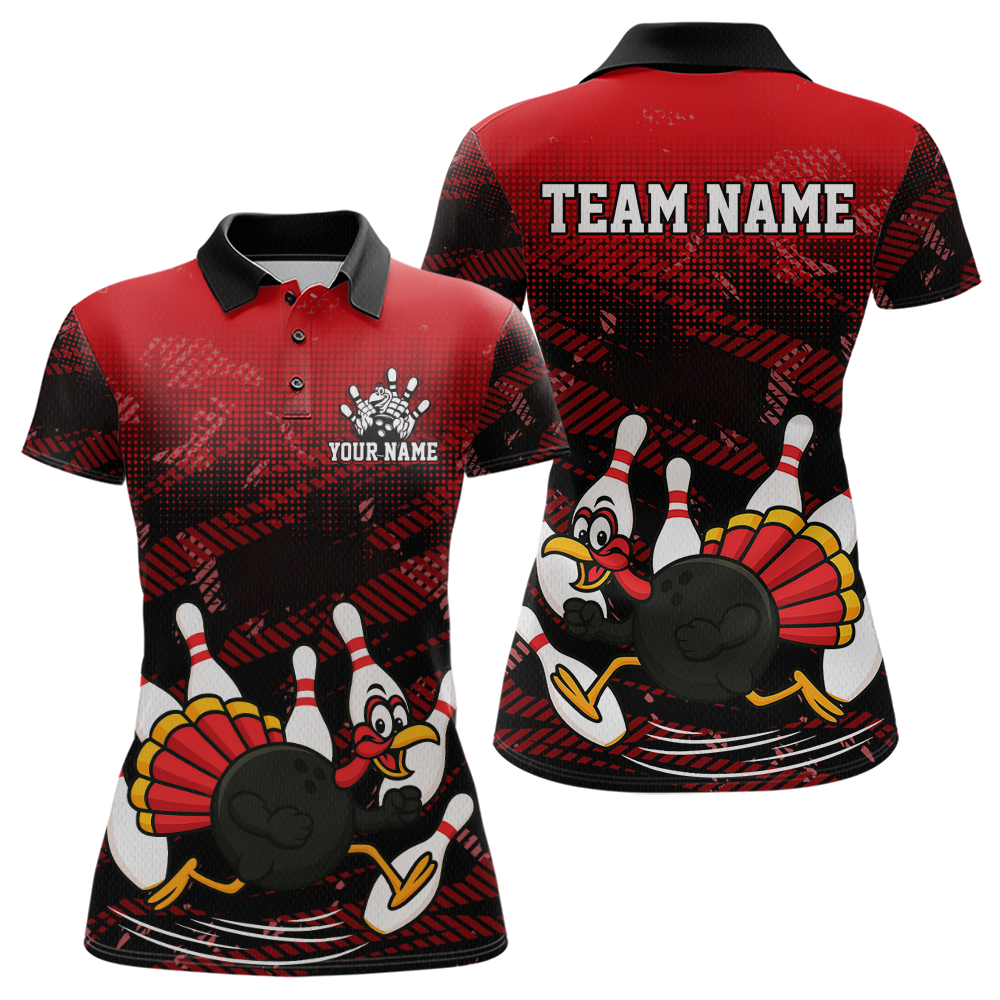 Custom Red Funny Turkey Bowling Jersey for Women Thanksgiving Bowling Team Shirts Polo & 1/4 Zip HNT125