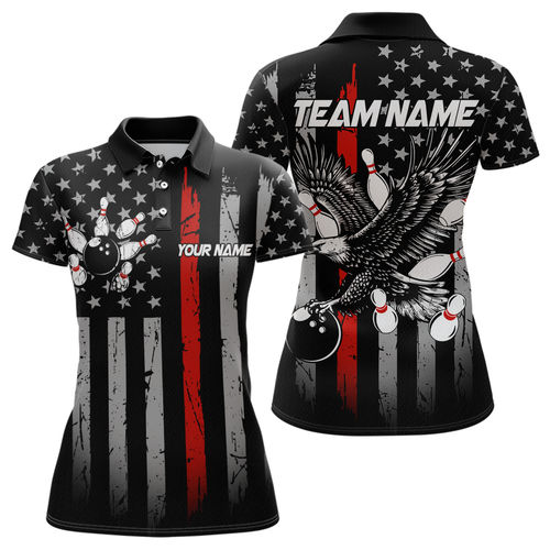 Custom Red US Flag Eagle Bowling Jersey for Women Bowling Uniform Polo & 1/4 Zip Bowling Team Shirts HNT119