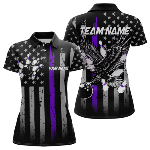 Custom Purple US Flag Eagle Bowling Jersey for Women Bowling Uniform Polo & 1/4 Zip Bowling Team Shirts HNT119