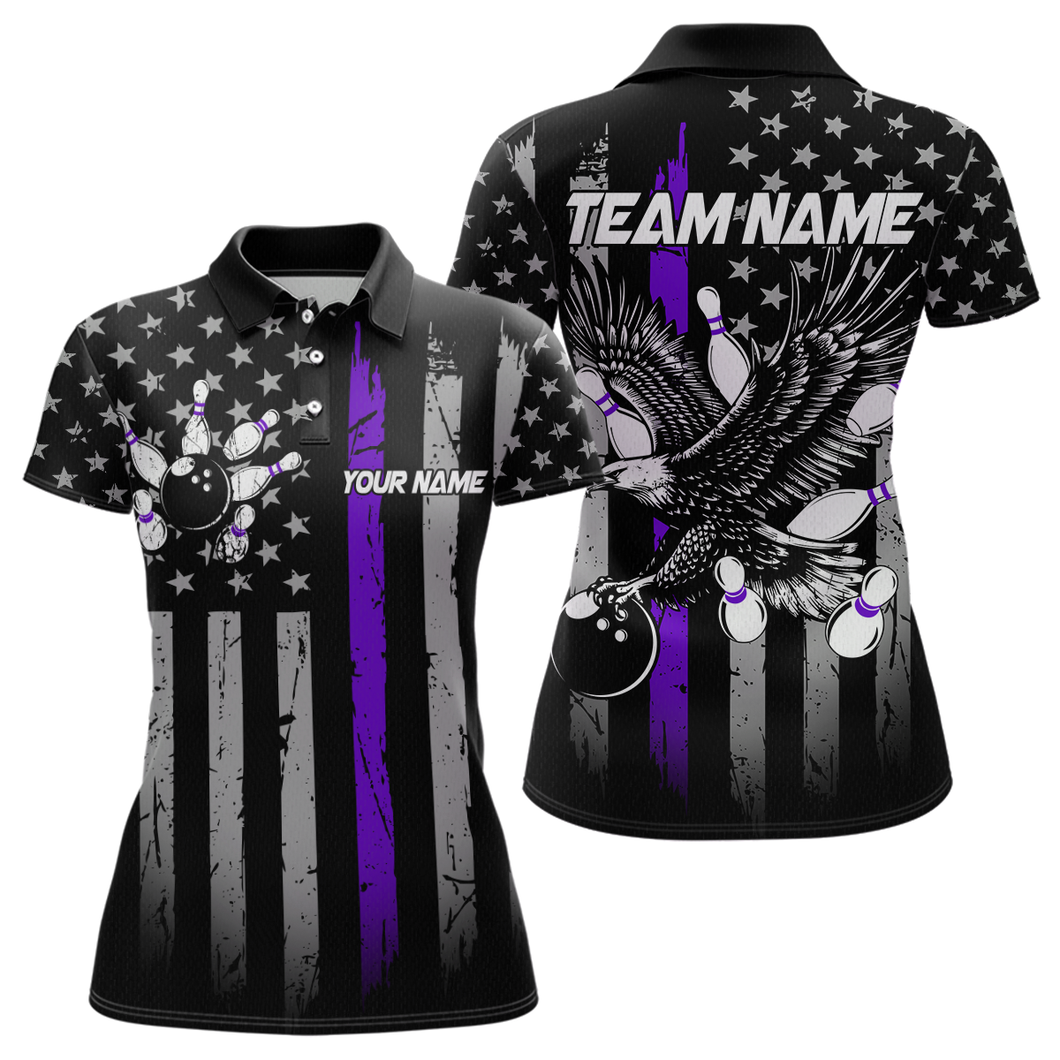 Custom Purple US Flag Eagle Bowling Jersey for Women Bowling Uniform Polo & 1/4 Zip Bowling Team Shirts HNT119