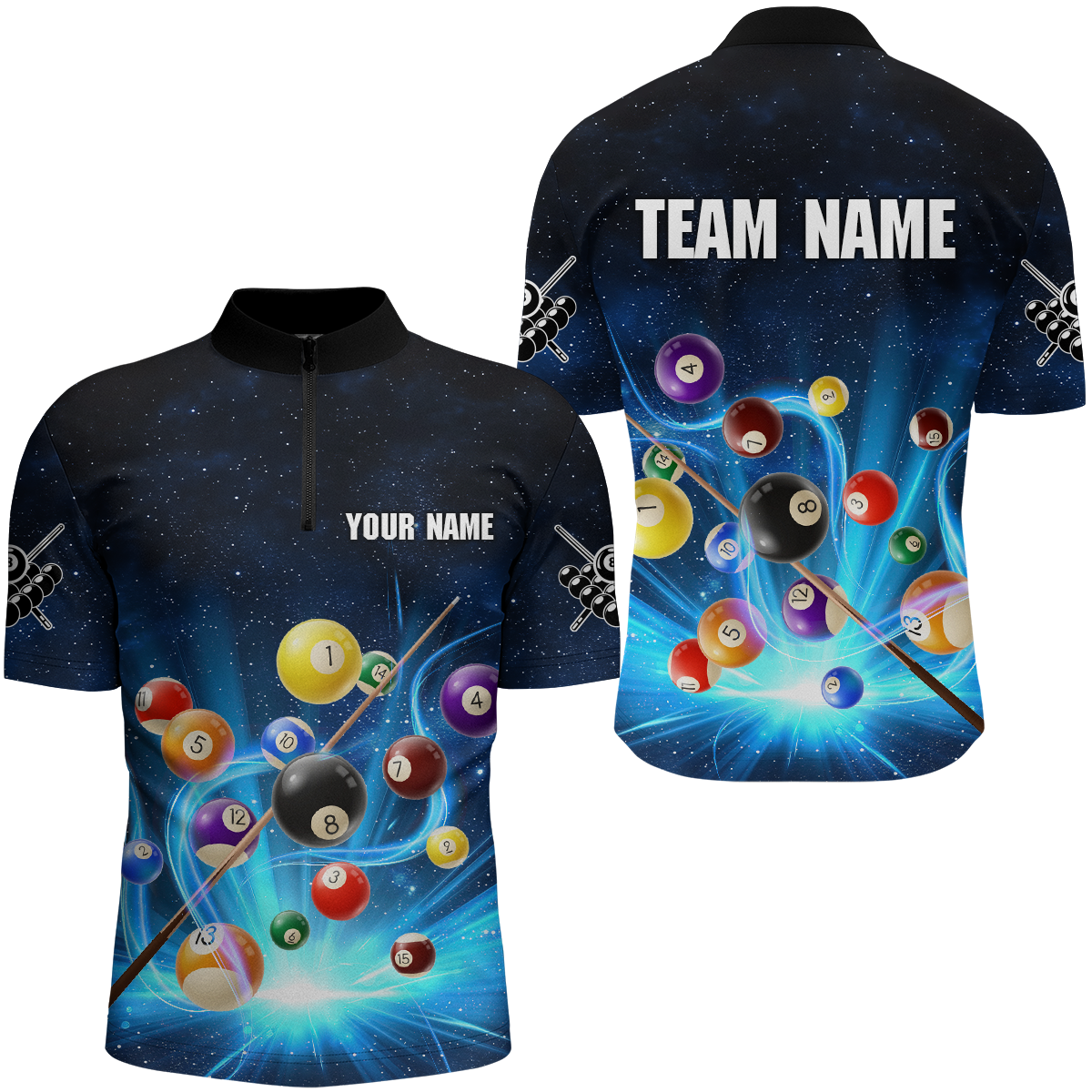 Custom Galaxy 8 Ball Billiard Shirts for Men Billiard Team Shirts Billiard League Polo & 1/4 Zipper NNT85