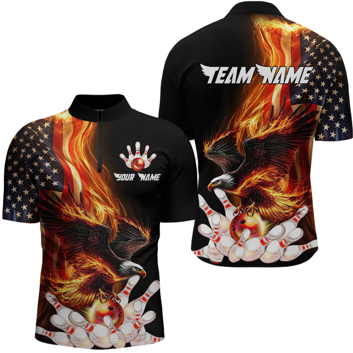 Personalized Flaming US Flag Eagle Bowling Shirt Bowling Jersey for Men Team Polo & 1/4 Zip HNT38