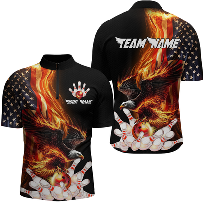 Personalized Flaming US Flag Eagle Bowling Shirt Bowling Jersey for Men Team Polo & 1/4 Zip HNT38