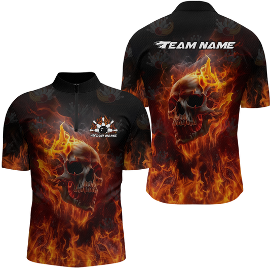 Custom Flame Skull Bowling Jersey for Men Bowling Uniform Polo & 1/4 Zip Bowling Team Shirts HNT112