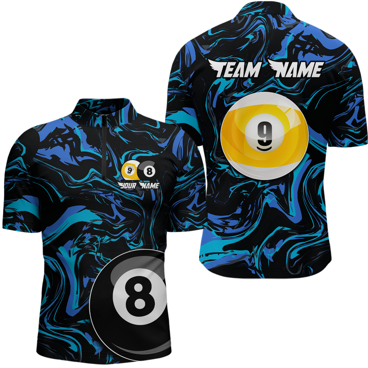 Teal-Turquoise 8 Ball & 9 Ball Custom Billiard Shirts For Men Billiard Team Jerseys NNT55