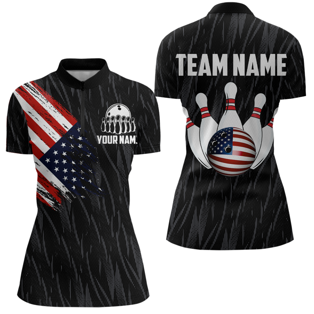 US Flag Personalized Bowling Team Shirts For Women Bowling League Polo & 1/4 Zip Shirt HNT11