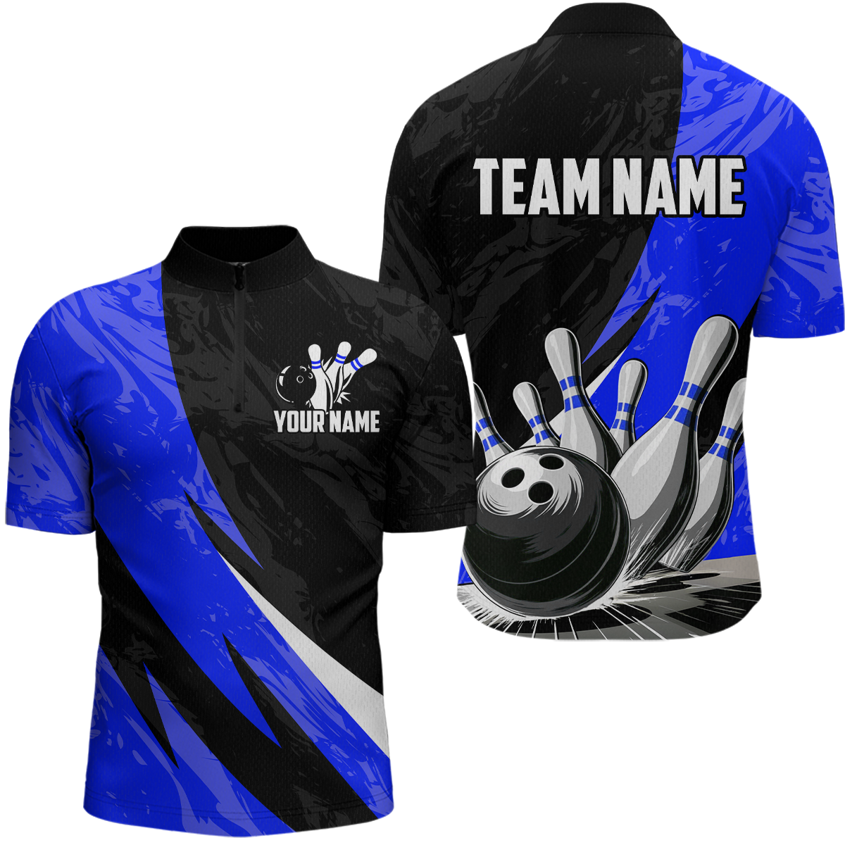 Custom Blue Bowling Custom Men Bowling Shirt Polo & Quarter-Zip Bowling Team Jerseys HNT75