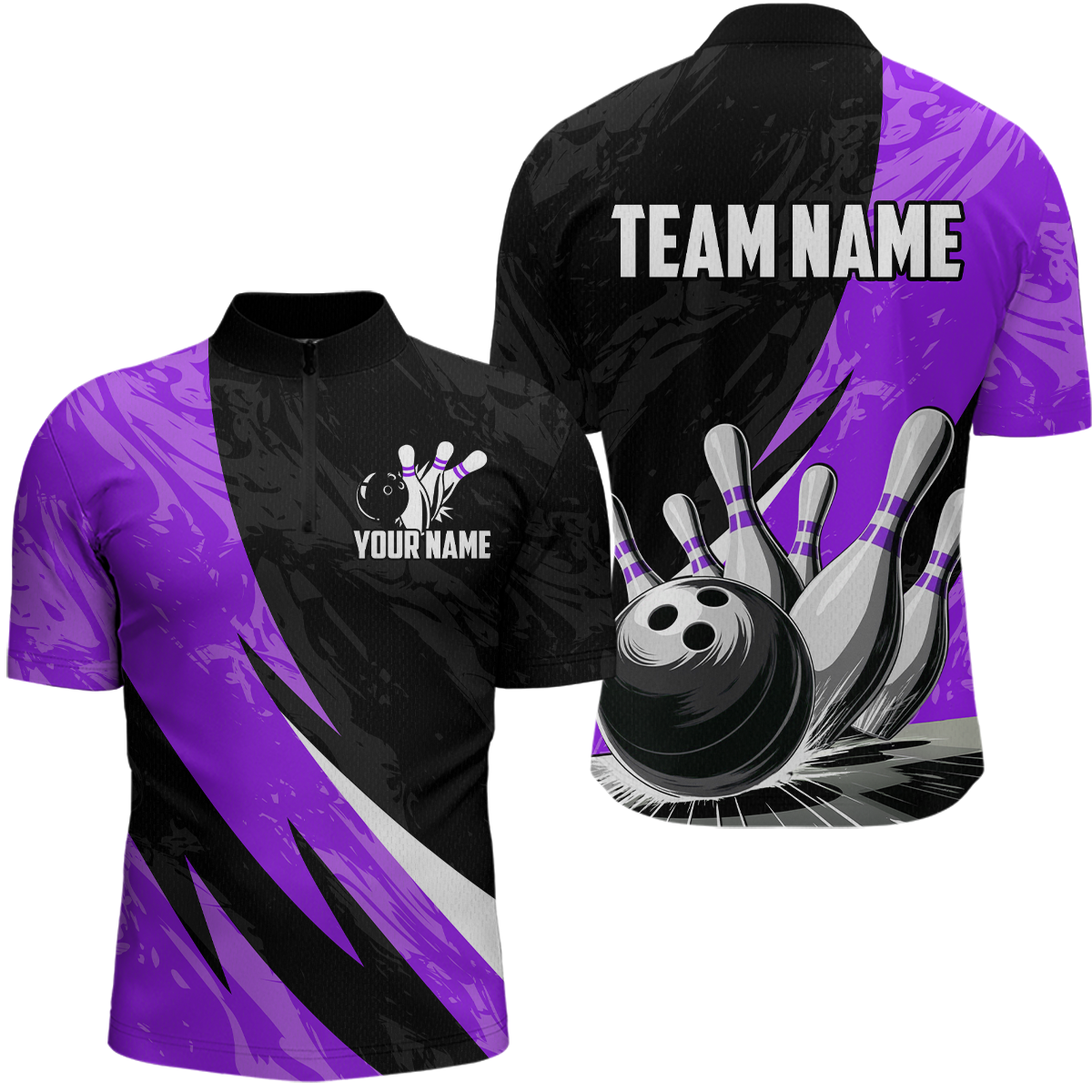 Custom Purple Bowling Custom Men Bowling Shirt Polo & Quarter-Zip Bowling Team Jerseys HNT75