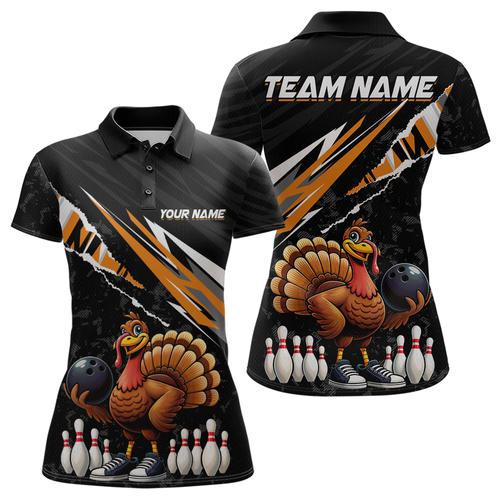 Custom Orange Funny Turkey Bowling Jersey for Women Thanksgiving Bowling Shirts Polo & 1/4 Zip HNT117