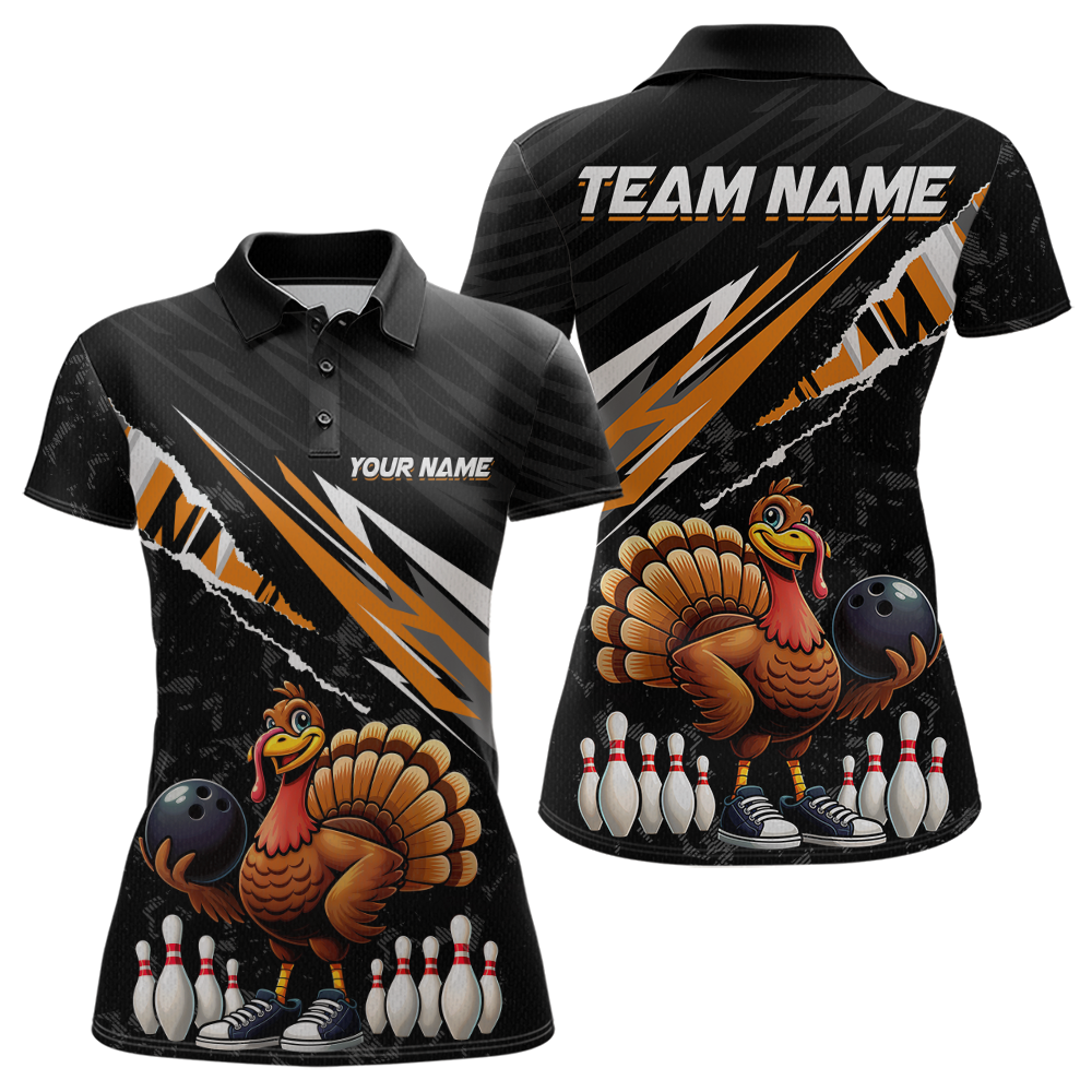 Custom Orange Funny Turkey Bowling Jersey for Women Thanksgiving Bowling Shirts Polo & 1/4 Zip HNT117