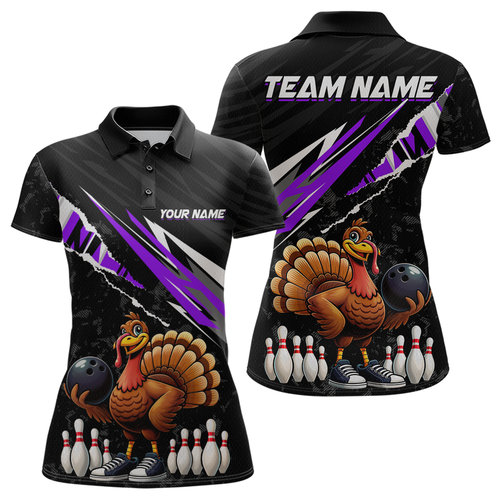 Custom Purple Funny Turkey Bowling Jersey for Women Thanksgiving Bowling Shirts Polo & 1/4 Zip HNT117